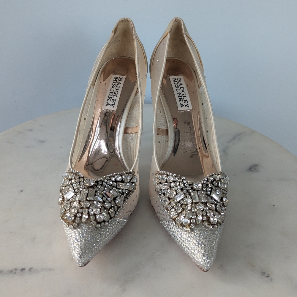 Badgley Mischka Quintana Rhinestone Satin Mesh Pumps Evening Wedding Heels - Picture 8 of 16